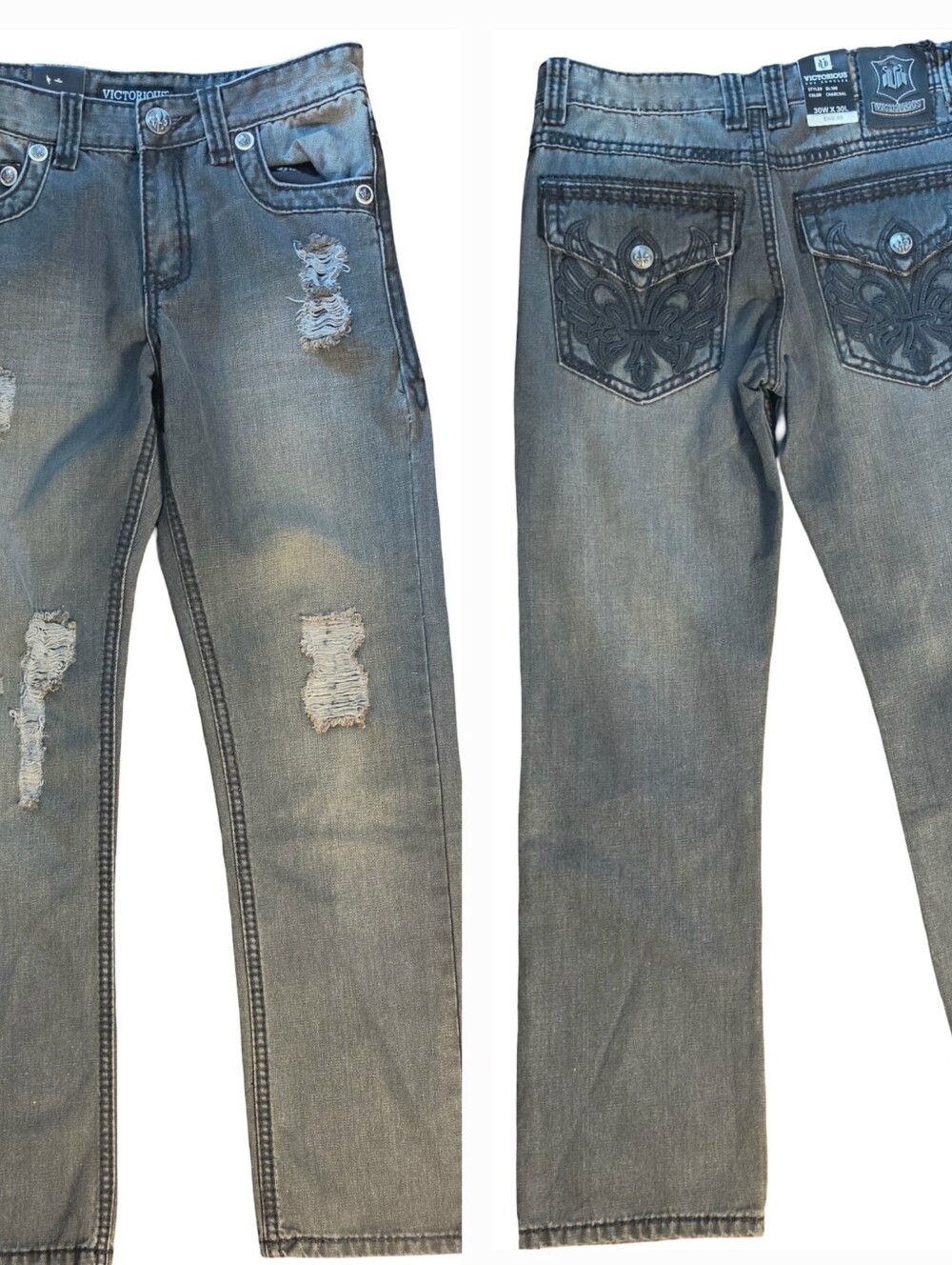 Vaulted Vintage Men's Straight Charcoal Jeans with Embroidered Pocket 36x32